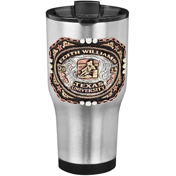 A customized tumbler made of stainless steel with a personalized engraved name and Texas University lettering with barrel racing figure, 30 oz, ideal for coffee or cool drinks